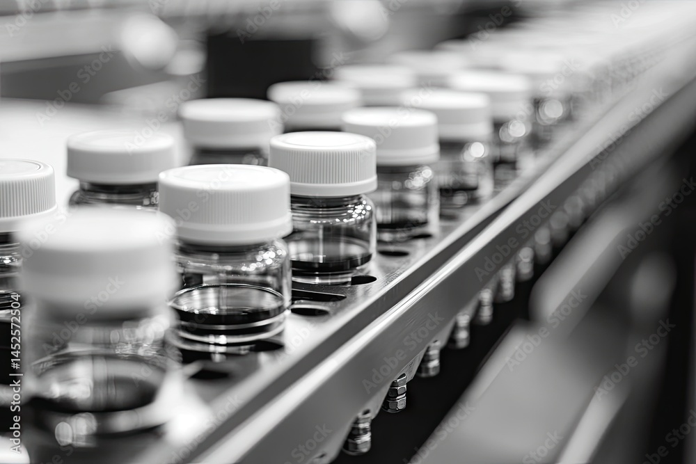 Bottles aligned on a conveyor belt, in a factory setting. Processing and manufacturing theme Bottles aligned on a conveyor belt, in a factory setting. Processing and manufacturing theme