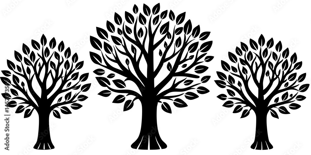 Obraz premium Three Stylized Black Trees on White Background Illustration