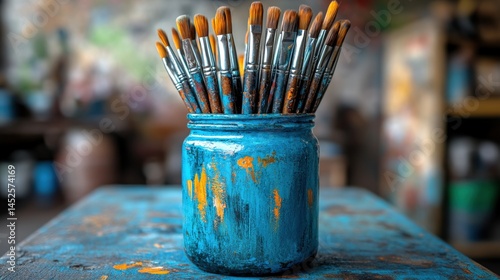Colorful paintbrushes in blue container showcasing artistic creativity and vibrant workspace