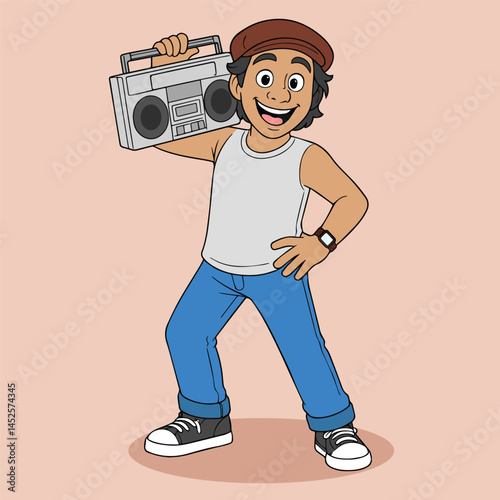 Happy Cartoon Guy Listening to Music with Boombox