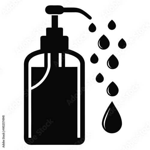 Flat Black Vector Silhouette of Hand Sanitizer Bottle with Dispenser for Hygiene, Disinfection, and Health Safety on White Background