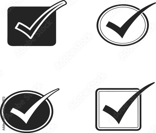 Illustrations of simple check mark icons in black and white, enclosed in squares and circles, indicating acceptance, completion, and confirmation.
