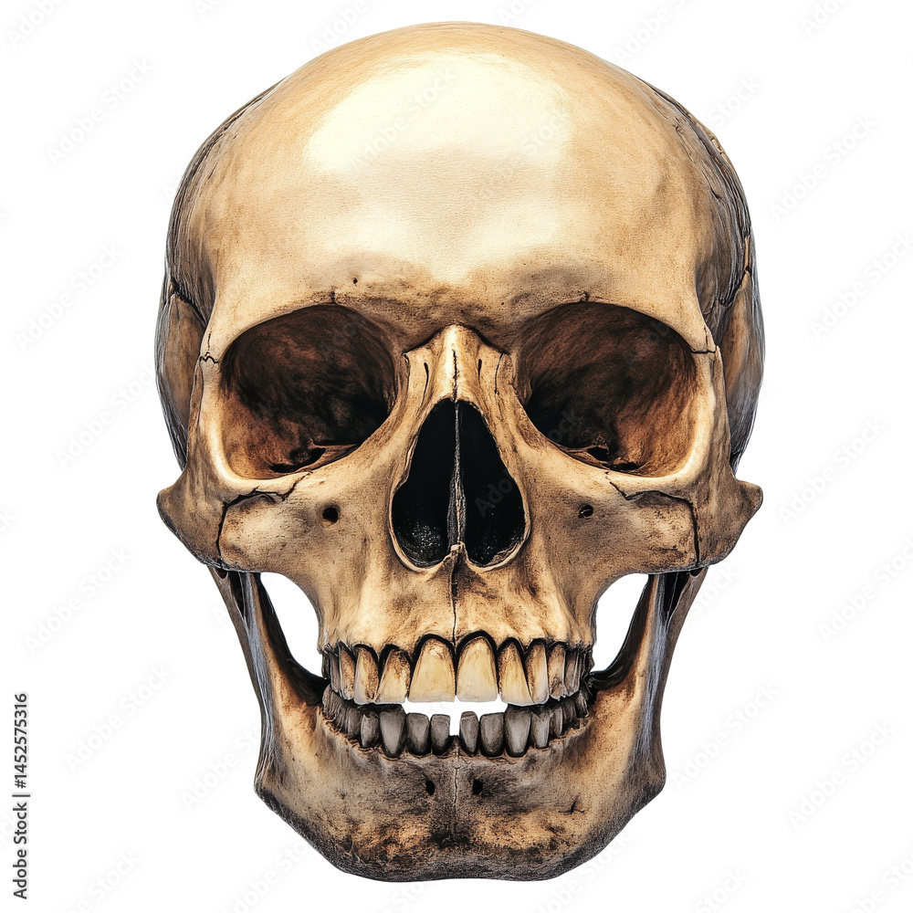 Fototapeta premium A detailed close-up image of a human skull, perfect for anatomical studies or gothic themed designs. The skull is presented in a frontal view, capturing the intricate bone structure