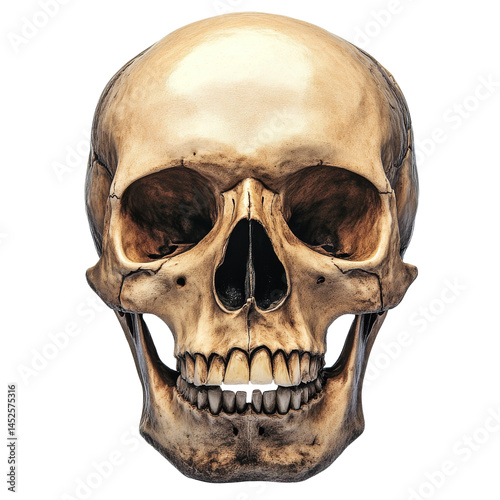 A detailed close-up image of a human skull, perfect for anatomical studies or gothic themed designs. The skull is presented in a frontal view, capturing the intricate bone structure