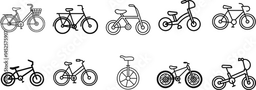 Bicycle outline icons set including mountain bike, BMX, tricycle, unicycle, tandem, and kids bike, ideal for transport apps, cycling guides, active lifestyle, and urban design projects.