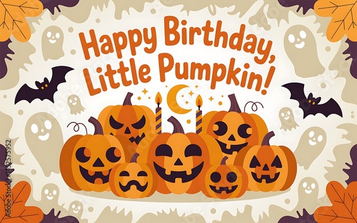 Happy Birthday Little Pumpkin Halloween Party Card bat fun cute kids moon cute  