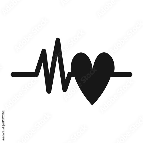 Flat Black Vector Silhouette of Heart Rate Wave Symbolizing Pulse, Cardiovascular Health, and Medical Monitoring on White Background