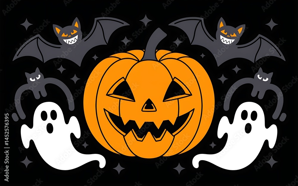 Fototapeta premium Spooky Halloween Pumpkin Bats Ghosts Design Illustration fun art cat cute fall 