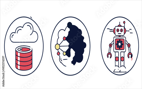Illustrative icons representing cloud computing, neural network, and robot automation for artificial intelligence concepts, showcasing technology and innovation.
