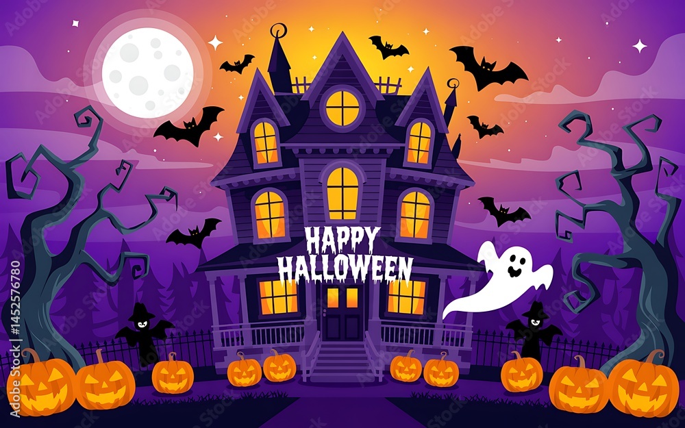 Fototapeta premium Spooky Halloween Haunted House Night Bats Pumpkins Fun Fall Dark Moon Scary 
