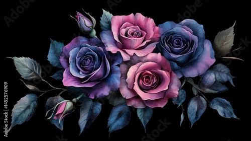 Dark floral arrangement of stylized roses.