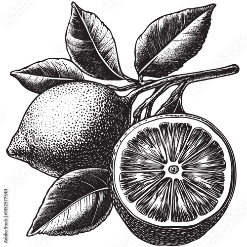 Old woodcut lemon, vintage citrus vector, black line sketch, engraving style fruit, hand drawn illustration, rustic botanical design, antique citrus art, retro fruit sketch, lemon artwork