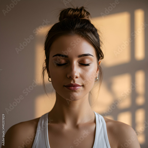Close up of a woman with closed eyes and hair in a bun wearing a white tank top in front of a wall