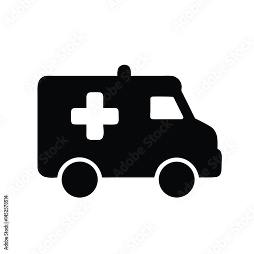 Black Silhouette of Ambulance Icon in Flat Vector Style for Medical Emergency Transport, Health Services, Hospital Aid, and Healthcare Graphic Design Use