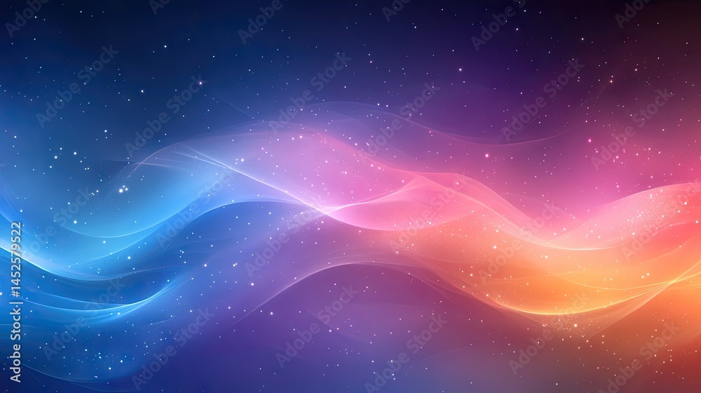 Obraz premium Colorful gradient waves intertwine. Starry effects. Blue, purple, orange hues flow and blend seamlessly