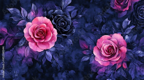 Dark, romantic floral design with pink and blue roses.