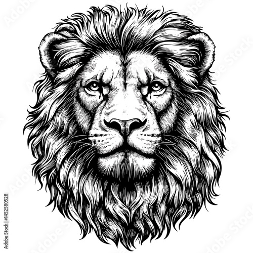 Lion Head vector, vintage woodcut engraving style, black ink sketch, antique wild animal art, hand drawn mane, retro tribal illustration, detailed majestic lion, roaring beast