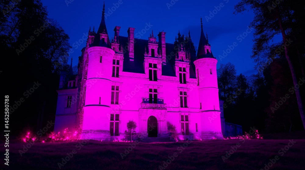 Mystical Castle Illuminated at Night: A captivating shot showcases an enchanting castle, its facade bathed in the vibrant glow of pink light against the backdrop of a twilight sky. Mystical Castle Illuminated at Night: A captivating shot showcases an enchanting castle, its facade bathed in the vibrant glow of pink light against the backdrop of a twilight sky.