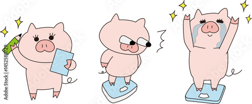 ダイエットで体重を測るブタの女の子のイラスト