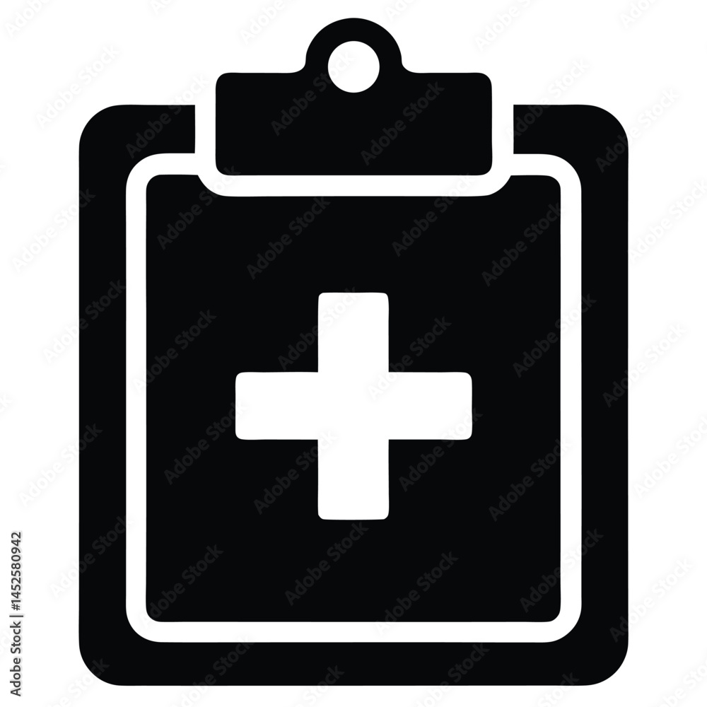 Obraz premium Flat Black Vector Silhouette of Medical Cross Sign Representing Healthcare, First Aid, and Emergency Services on White Background.