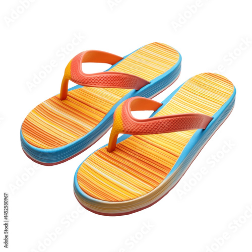 A pair of colorful flip-flops on a sunny day, ready for summer fun. The flip-flops feature a bright striped pattern. 