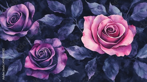 A delicate floral design featuring vibrant roses and leaves.