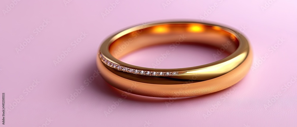 Golden ring with small stones glitters under the light on a pink surface Golden ring with small stones glitters under the light on a pink surface