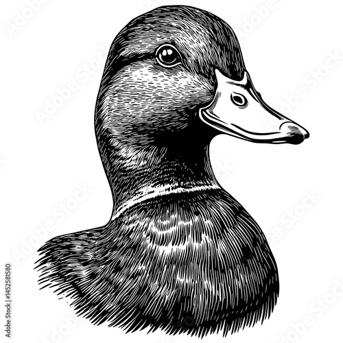 Mallard head black sketch, vintage vector illustration, woodcut engraving style, retro bird artwork, hand drawn wild duck, rustic nature print, traditional etching, antique avian art