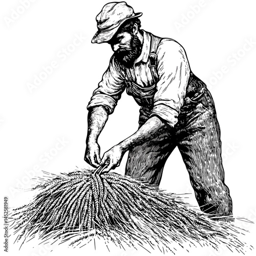 Man Collecting Wheat, vintage sketch, old woodcut engraving style, black line art, countryside harvest scene, rustic farm worker, antique drawing, rural illustration, hand-drawn, farming