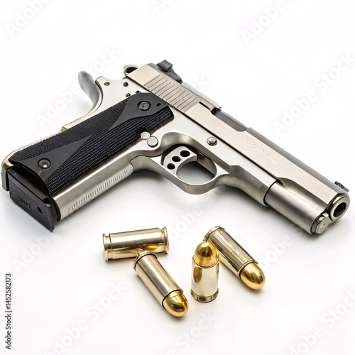 Realistic Stainless Steel Handgun with Black Grip on White Background