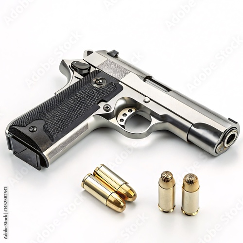 Realistic Stainless Steel Handgun with Black Grip on White Background