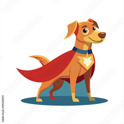 a cute cartoon dog superhero wearing a red cape, smiling with big eyes, detailed illustration,