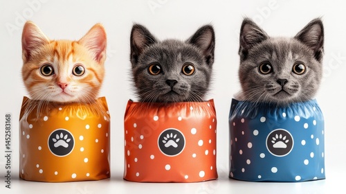 Three adorable kittens in colorful polka-dotted containers, showcasing their playful expressions