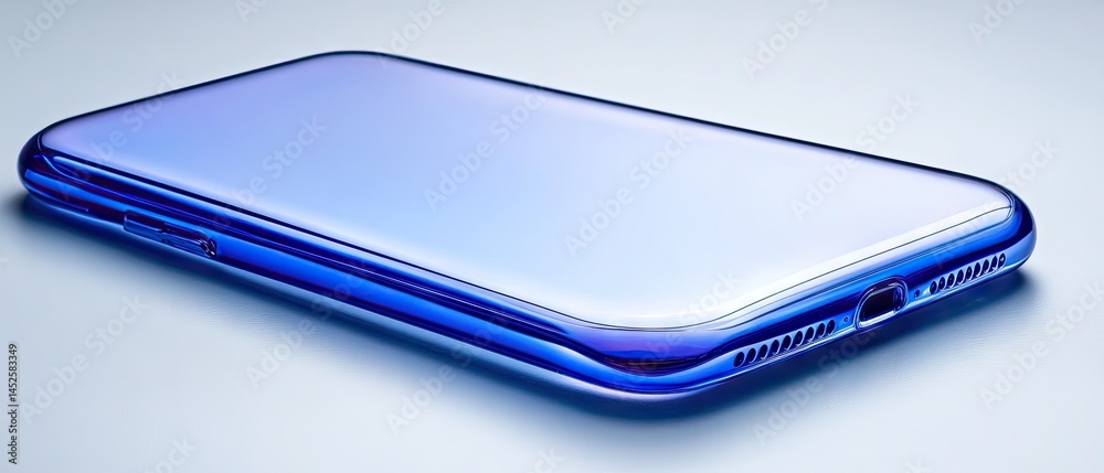 A sleek, shiny smartphone rendered in shades of blue against a soft gradient background A sleek, shiny smartphone rendered in shades of blue against a soft gradient background