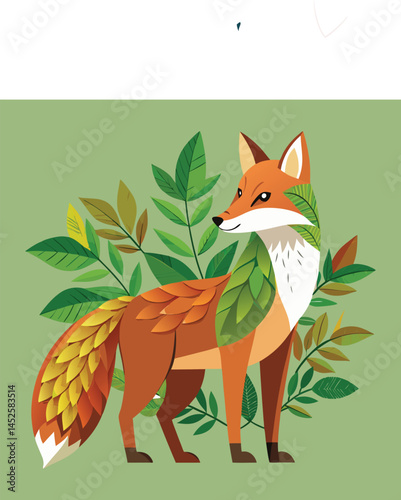 Stylized fox illustration, vibrant orange fur, bushy tail, surrounded by green and yellow leaves,
