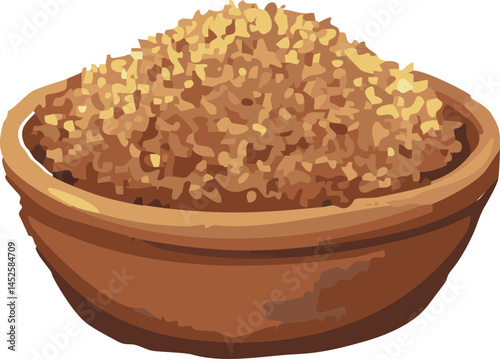A digitally illustrated bowl filled with coarse brown sugar or crushed jaggery, depicted in warm tones and a rustic earthenware container.