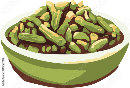 This is an illustrated image of a wooden bowl filled with green cardamom pods, a common spice used in cooking and traditional medicine.