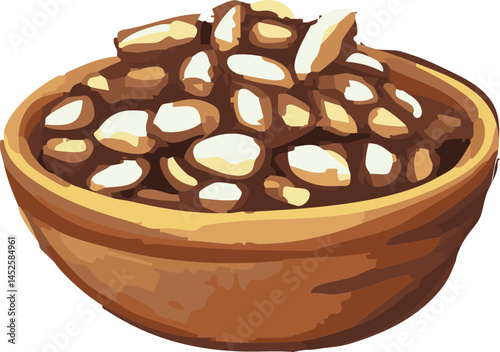 This is a digital illustration of a wooden bowl filled with shelled peanuts, commonly used as a snack or cooking ingredient.