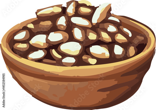 This is a digital illustration of a wooden bowl filled with shelled peanuts, commonly used as a snack or cooking ingredient.
