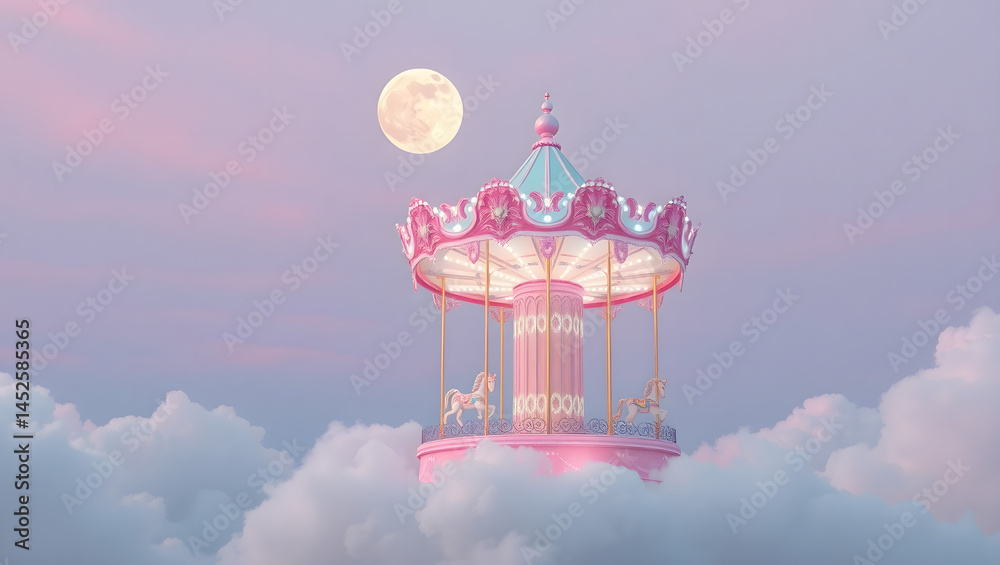 Dreamlike Carousel Floating on Clouds Surreal Pink Fairytale Scene
