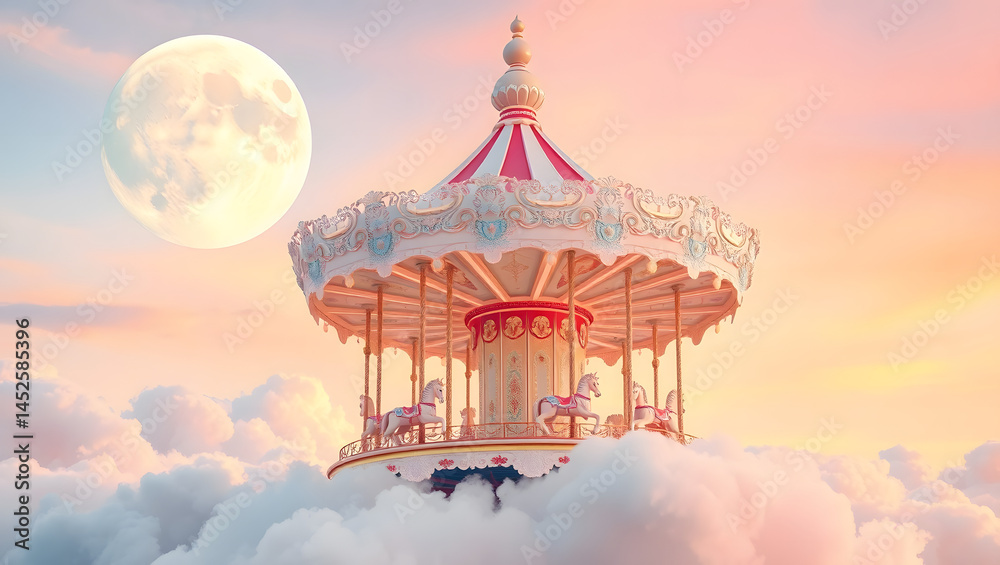 Obraz premium Dreamlike Carousel Floating on Clouds A Surreal Fairytale Scene