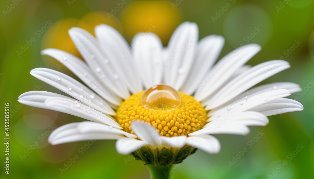 Fototapeta premium Close-up Daisy Flower with Water Droplet on Green Background 