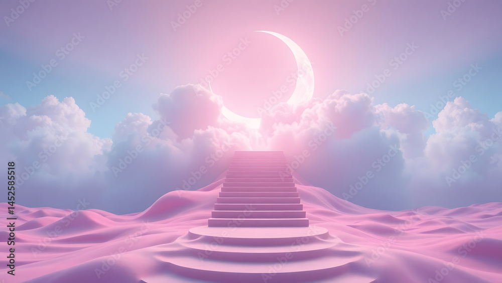 Dreamy Pastel Landscape Floating Stairs to the Crescent Moon