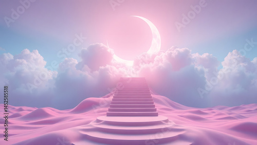 Obraz na płótnie Dreamy Pastel Landscape Floating Stairs to the Crescent Moon w salonie
