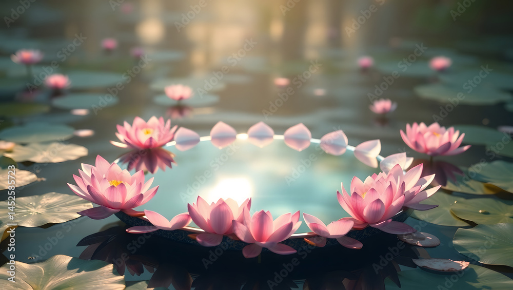 Serene Lotus Pond Mirror-like Water, Pink Flowers, Tranquil Scene
