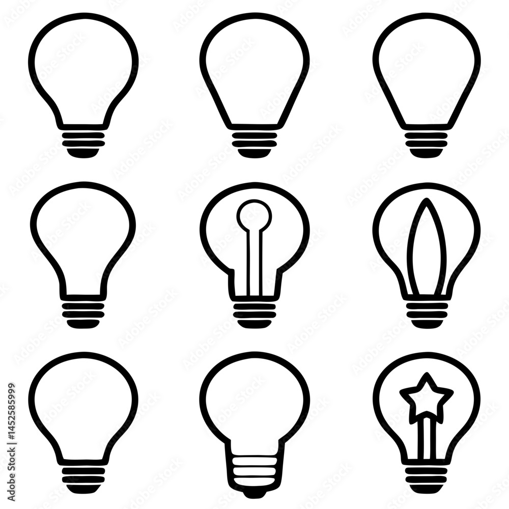 black bulb illustration, idea concept icon. Set of 9 Light Bulb Silhouettes vector illustration.. infographic , educational ,app, UI, website , minimal style web,print usage black bulb illustration, idea concept icon. Set of 9 Light Bulb Silhouettes vector illustration.. infographic , educational ,app, UI, website , minimal style web,print usage