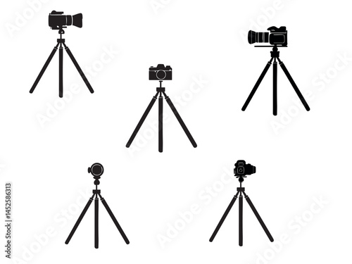 Set of black and white minimalistic vector illustrations of cameras mounted on tripods, depicted in technical, sketchy style.