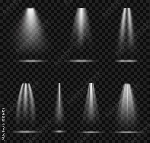 Set of light rays burst creating a glowing light effect, lamp or projector fading light on transparent background