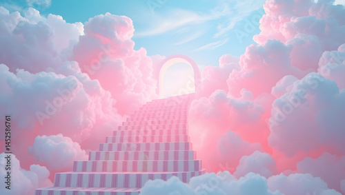 Surreal Staircase to Heaven A Dreamlike Ascent Through Candy-Colored Clouds