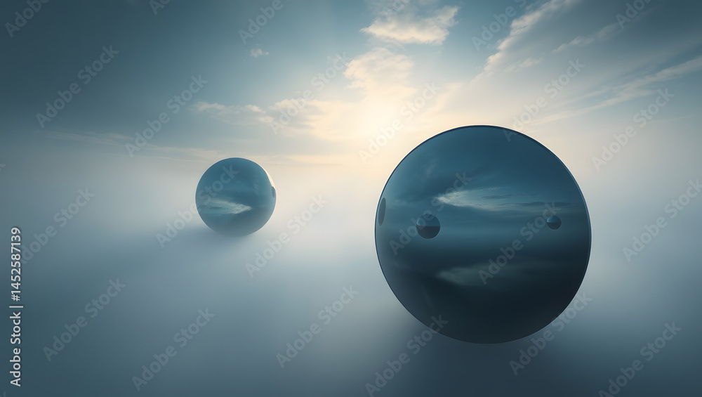 Foggy Landscape with Floating Reflective Spheres Surreal Digital Art